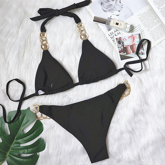 Bikini Morado Halter con Cristales de Diamante para Mujer - Image 23