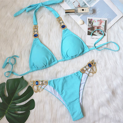 Bikini Morado Halter con Cristales de Diamante para Mujer - Image 8