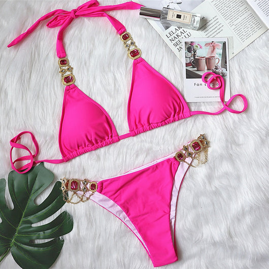 Bikini Morado Halter con Cristales de Diamante para Mujer - Image 9