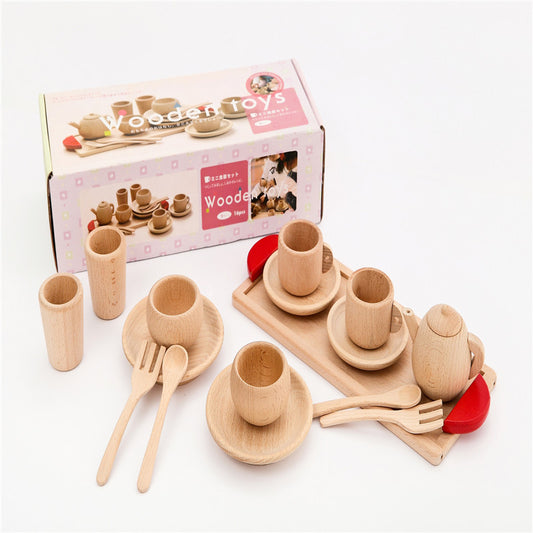 Juego de Cocina Infantil de Madera Maciza - Vajilla y Utensilios sin Pintura