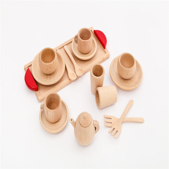 Juego de Cocina Infantil de Madera Maciza - Vajilla y Utensilios sin Pintura