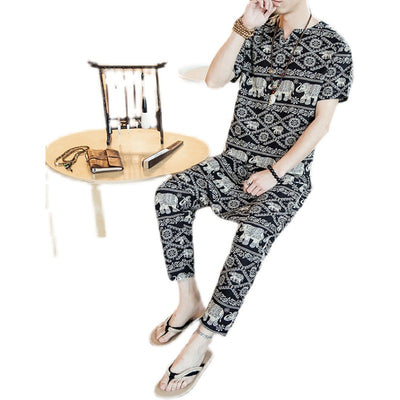 Conjunto Vintage Étnico Hombre - Playera Estampada y Pantalón Suelto Casual 2 Piezas Talla Grande - Image 4