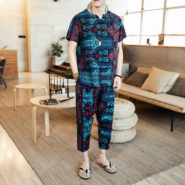 Conjunto Vintage Étnico Hombre - Playera Estampada y Pantalón Suelto Casual 2 Piezas Talla Grande