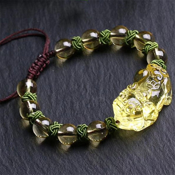 Pulsera Pixiu con Citrino Natural - Cuentas Redondas 8-10mm