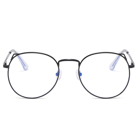 Gold metal cat ear frame anti-blue light myopia glasses held by a hand, featuring round lenses and a full frame.