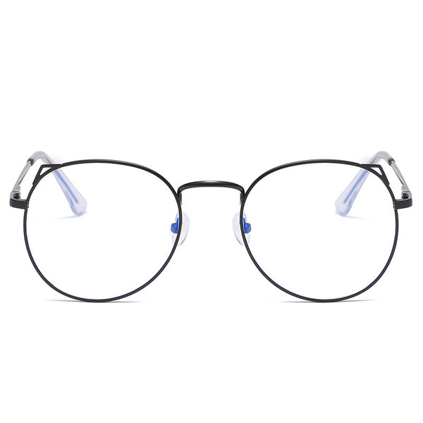 Gold metal cat ear frame anti-blue light myopia glasses held by a hand, featuring round lenses and a full frame.
