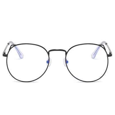 Gold metal cat ear frame anti-blue light myopia glasses held by a hand, featuring round lenses and a full frame.