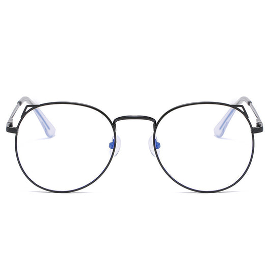 Gold metal cat ear frame anti-blue light myopia glasses held by a hand, featuring round lenses and a full frame.