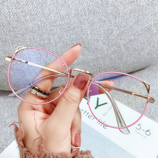 Gold metal cat ear frame anti-blue light myopia glasses held by a hand, featuring round lenses and a full frame. - Image 4