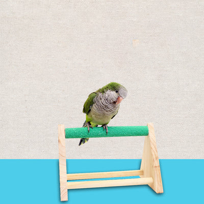 Solid wood bird stand with a green textured top perch and two smooth natural wood perches. - Image 7