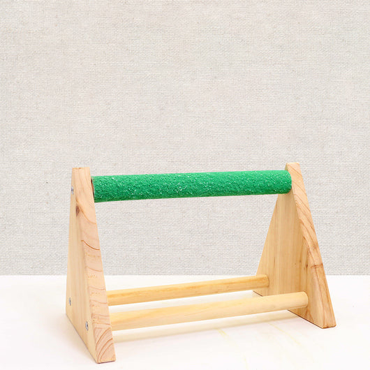 Solid wood bird stand with a green textured top perch and two smooth natural wood perches. - Image 9