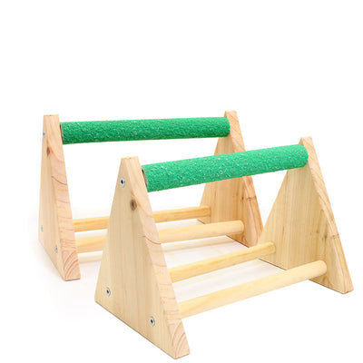 Solid wood bird stand with a green textured top perch and two smooth natural wood perches. - Image 8