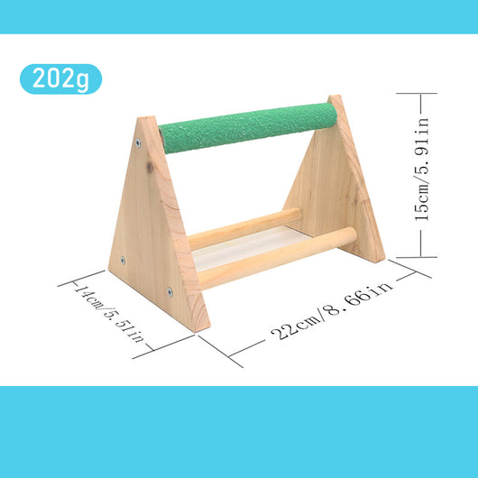 Solid wood bird stand with a green textured top perch and two smooth natural wood perches. - Image 2