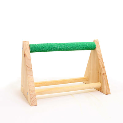 Solid wood bird stand with a green textured top perch and two smooth natural wood perches. - Image 4