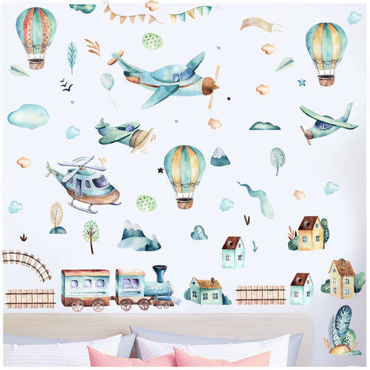 Adhesivos de Pared Tren Globo Aerostático Infantil - Decoración Autoadhesiva Impermeable