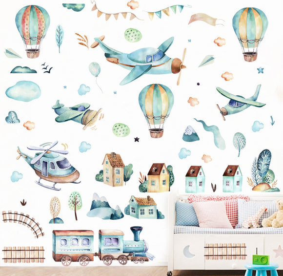 Adhesivos de Pared Tren Globo Aerostático Infantil - Decoración Autoadhesiva Impermeable