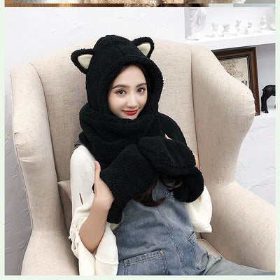 Young woman wearing a beige plush hat, scarf, and glove set with cute bear ears on the hood. - Image 7