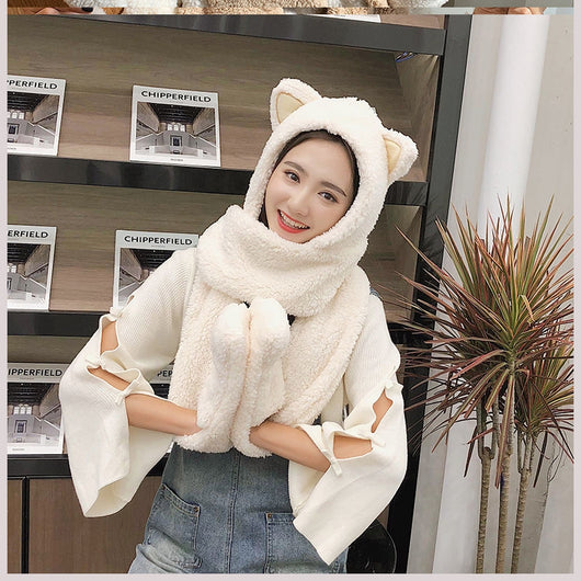 Young woman wearing a beige plush hat, scarf, and glove set with cute bear ears on the hood. - Image 9