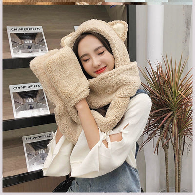 Young woman wearing a beige plush hat, scarf, and glove set with cute bear ears on the hood. - Image 3