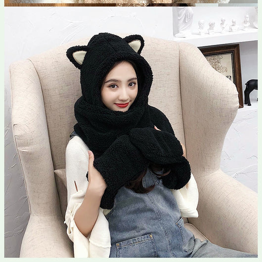 Young woman wearing a beige plush hat, scarf, and glove set with cute bear ears on the hood. - Image 4