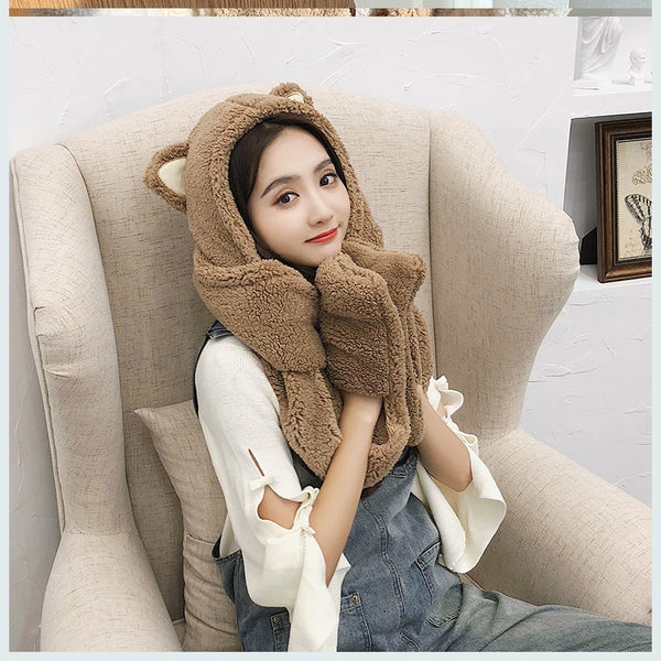 Set Invernal Familiar Coreano: Gorro, Bufanda y Guantes de Peluche Doble Capa con Diseño de Astas