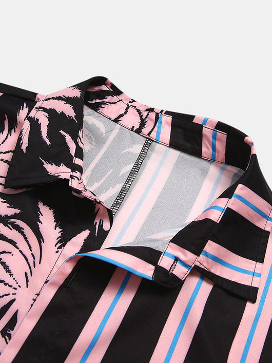 Camisa Casual de Hombre Estampado Coco con Rayas - Manga Corta Perfecta para Vacaciones - Image 4