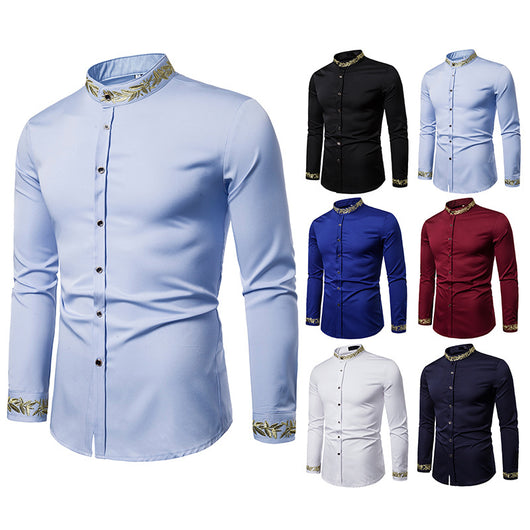 Camisa Blanca con Bordado Dorado para Hombre - Cuello Mao Slim Fit - Image 12