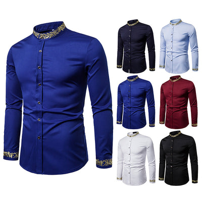 Camisa Blanca con Bordado Dorado para Hombre - Cuello Mao Slim Fit