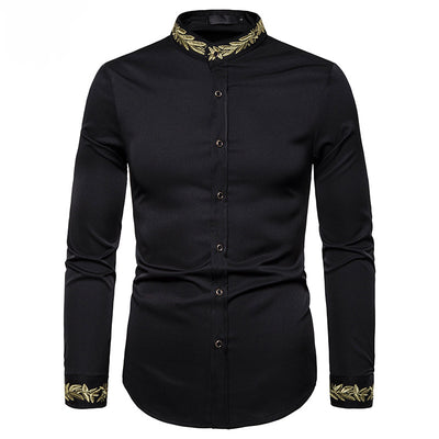 Camisa Blanca con Bordado Dorado para Hombre - Cuello Mao Slim Fit - Image 5