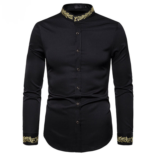 Camisa Blanca con Bordado Dorado para Hombre - Cuello Mao Slim Fit - Image 5