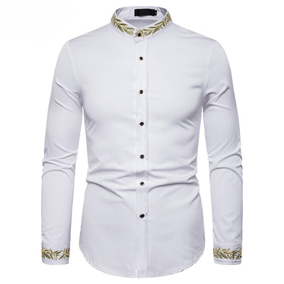 Camisa Blanca con Bordado Dorado para Hombre - Cuello Mao Slim Fit - Image 4