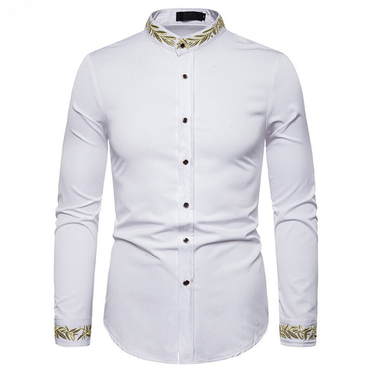 Camisa Blanca con Bordado Dorado para Hombre - Cuello Mao Slim Fit - Image 4