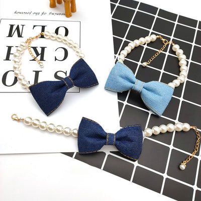 Collar Elegante para Mascotas con Lazo de Denim y Perla - Accesorios Princesa para Gatos y Perros