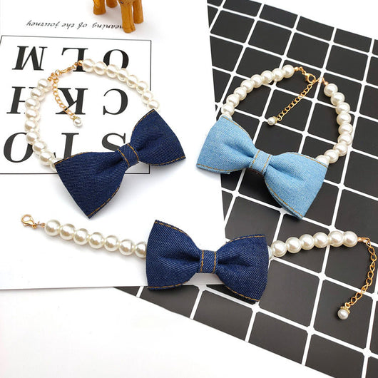 Collar Elegante para Mascotas con Lazo de Denim y Perla - Accesorios Princesa para Gatos y Perros
