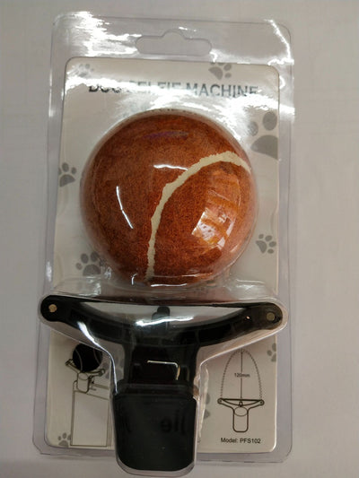 Black pet selfie artifact phone clip with blue accents, holding a bright neon yellow tennis ball, shown attached to a smartphone. - Image 3