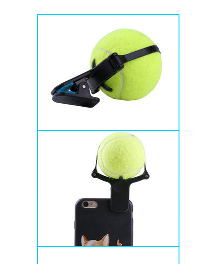 Black pet selfie artifact phone clip with blue accents, holding a bright neon yellow tennis ball, shown attached to a smartphone. - Image 2