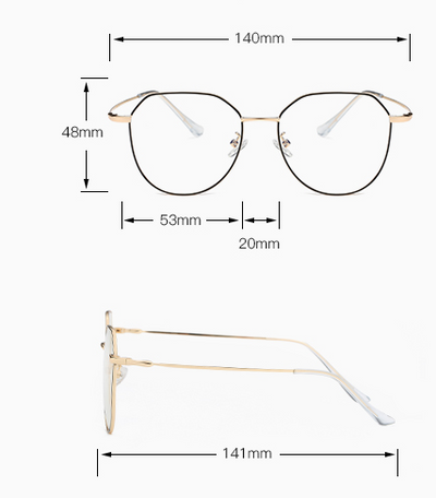 Black metal-framed glasses with irregular polygonal shape and anti-blue light lenses on a two-tone gray and black surface. - Image 6