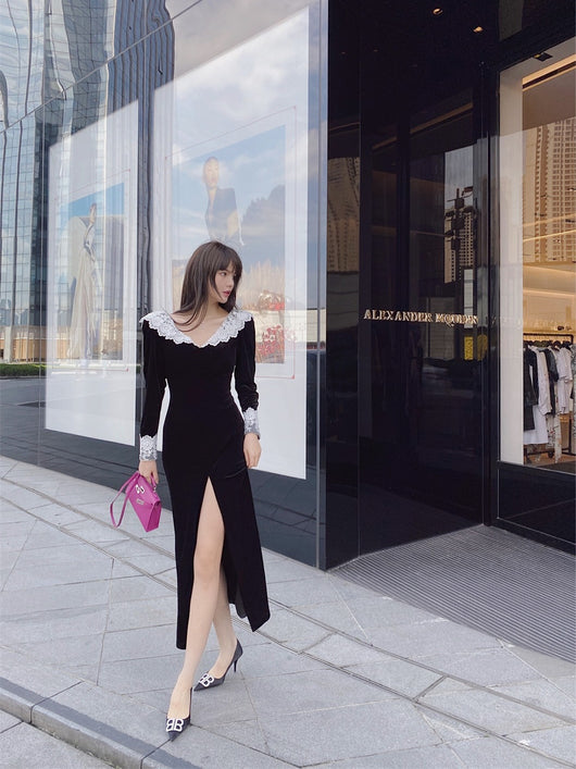 Vestido Largo Elegante de Encaje con Cuello V y Mangas Largas para Otoño e Invierno - Image 7