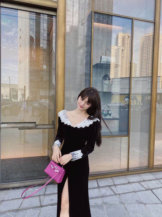 Vestido Largo Elegante de Encaje con Cuello V y Mangas Largas para Otoño e Invierno - Image 9
