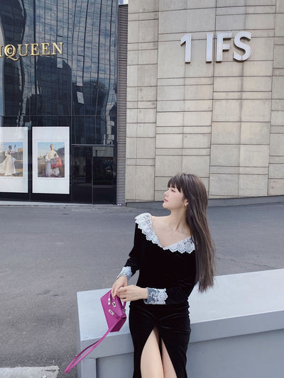 Vestido Largo Elegante de Encaje con Cuello V y Mangas Largas para Otoño e Invierno - Image 10