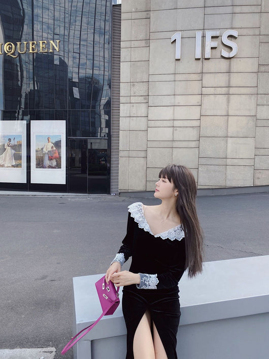 Vestido Largo Elegante de Encaje con Cuello V y Mangas Largas para Otoño e Invierno - Image 10