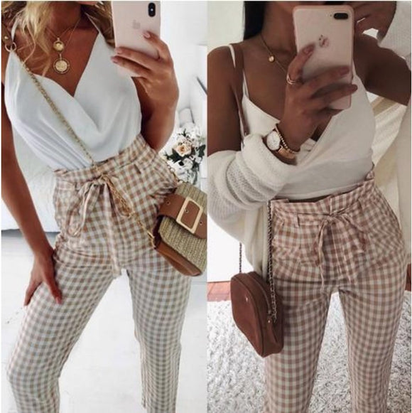 Pantalones Casuales a Cuadros con Corte Lápiz para Mujer