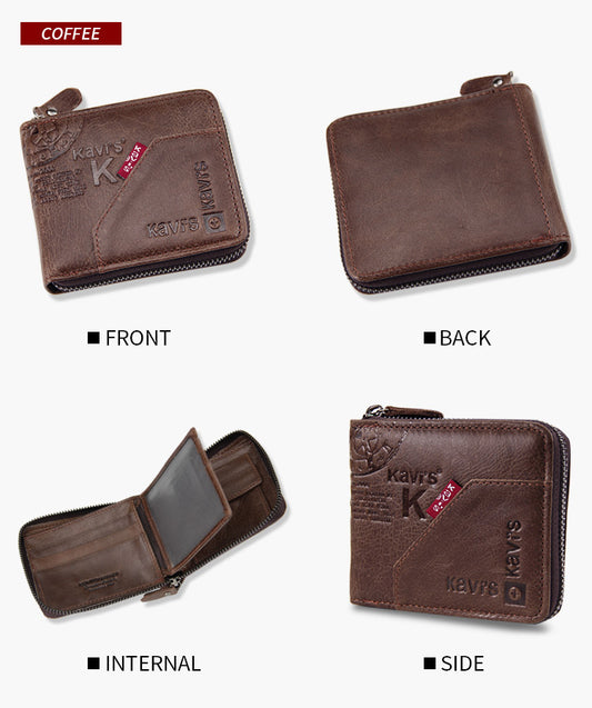 Billetera Hombre Cuero Crazy Horse con Cremallera - Bolsa Retro de Gran Capacidad
