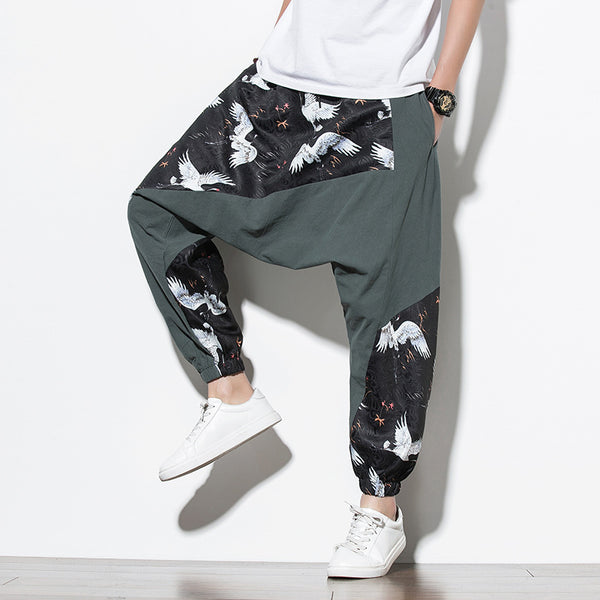 Pantalones Casuales Estilo Chino con Estampado de Grúa - Algodón y Lino