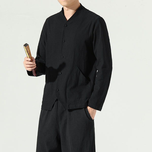 Camisa Suelta de Algodón y Lino de Manga Larga