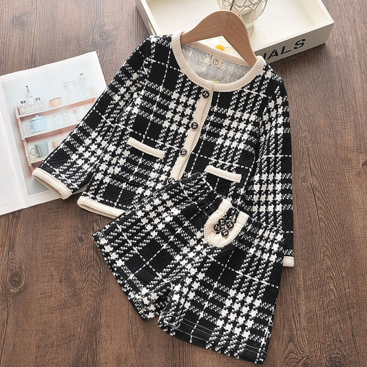 Conjunto Infantil Cuadrillé Coreano Dos Piezas: Blusa Manga Larga + Shorts