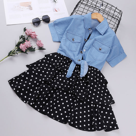 Chaqueta Denim Manga Corta Estilo Western con Falda de Tirantes Lunares