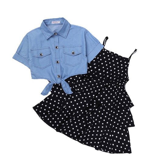 Chaqueta Denim Manga Corta Estilo Western con Falda de Tirantes Lunares - Image 2
