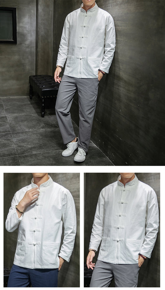 Chaqueta de Lino y Algodón Talla Grande con Botones Bordados Retro - Image 11