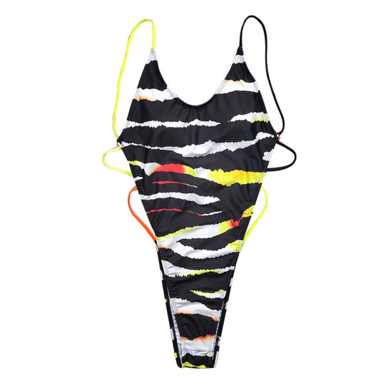 Silver holographic one-piece swimsuit with high-cut leg, V-neck, and braided rope details on the sides. - Image 9